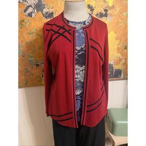 Exclusively Misook Brick Red W/Black Stripes Open Cardigan L